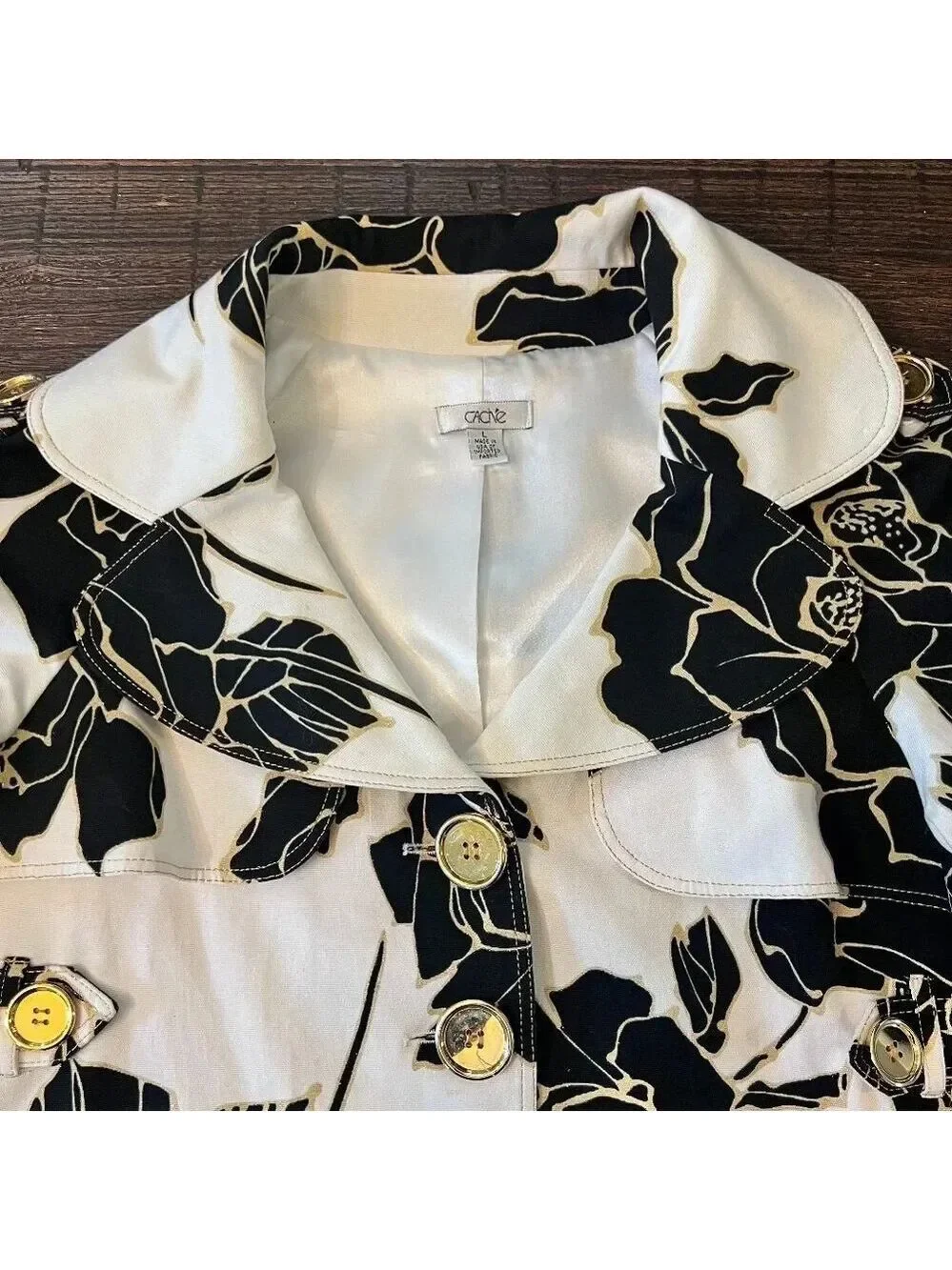 Cache Vintage Floral Cropped Jacket Balloon Sleeve Brown Cream Large EUC